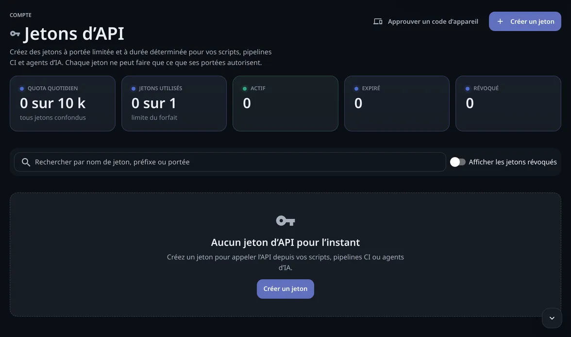 La page Jetons d’API d’un compte Free : Quota quotidien et Jetons utilisés à 0, un bouton Approuver un code d’appareil, un bouton Créer un jeton et une liste vide.