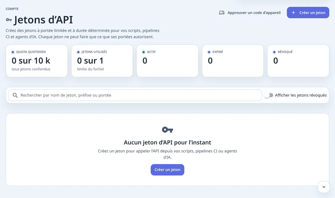 La page Jetons d’API d’un compte Free : Quota quotidien et Jetons utilisés à 0, un bouton Approuver un code d’appareil, un bouton Créer un jeton et une liste vide.