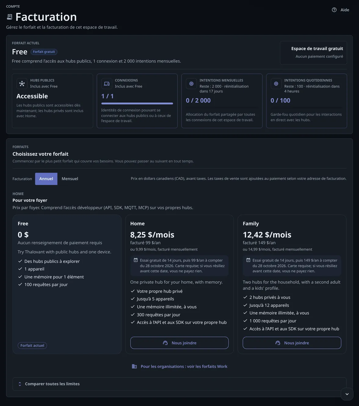 Facturation sur le forfait Free : Forfait actuel Free et ses allocations, des tuiles d’utilisation, puis Choisissez votre forfait en annuel ou mensuel et les cartes Free, Home et Family.