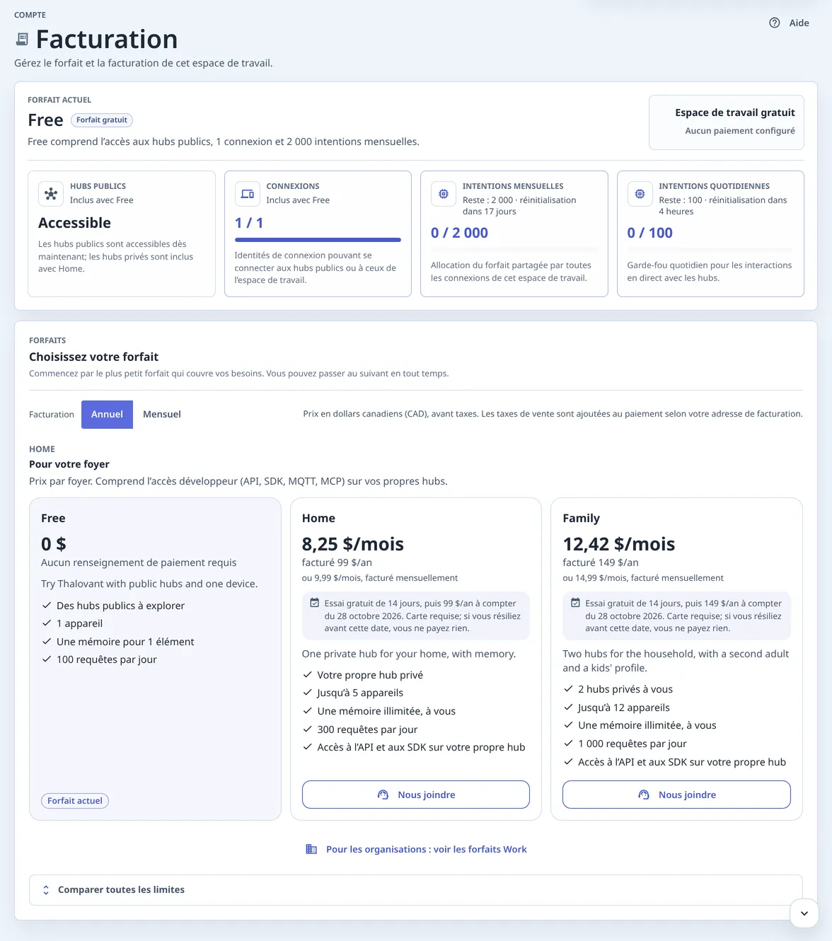 Facturation sur le forfait Free : Forfait actuel Free et ses allocations, des tuiles d’utilisation, puis Choisissez votre forfait en annuel ou mensuel et les cartes Free, Home et Family.