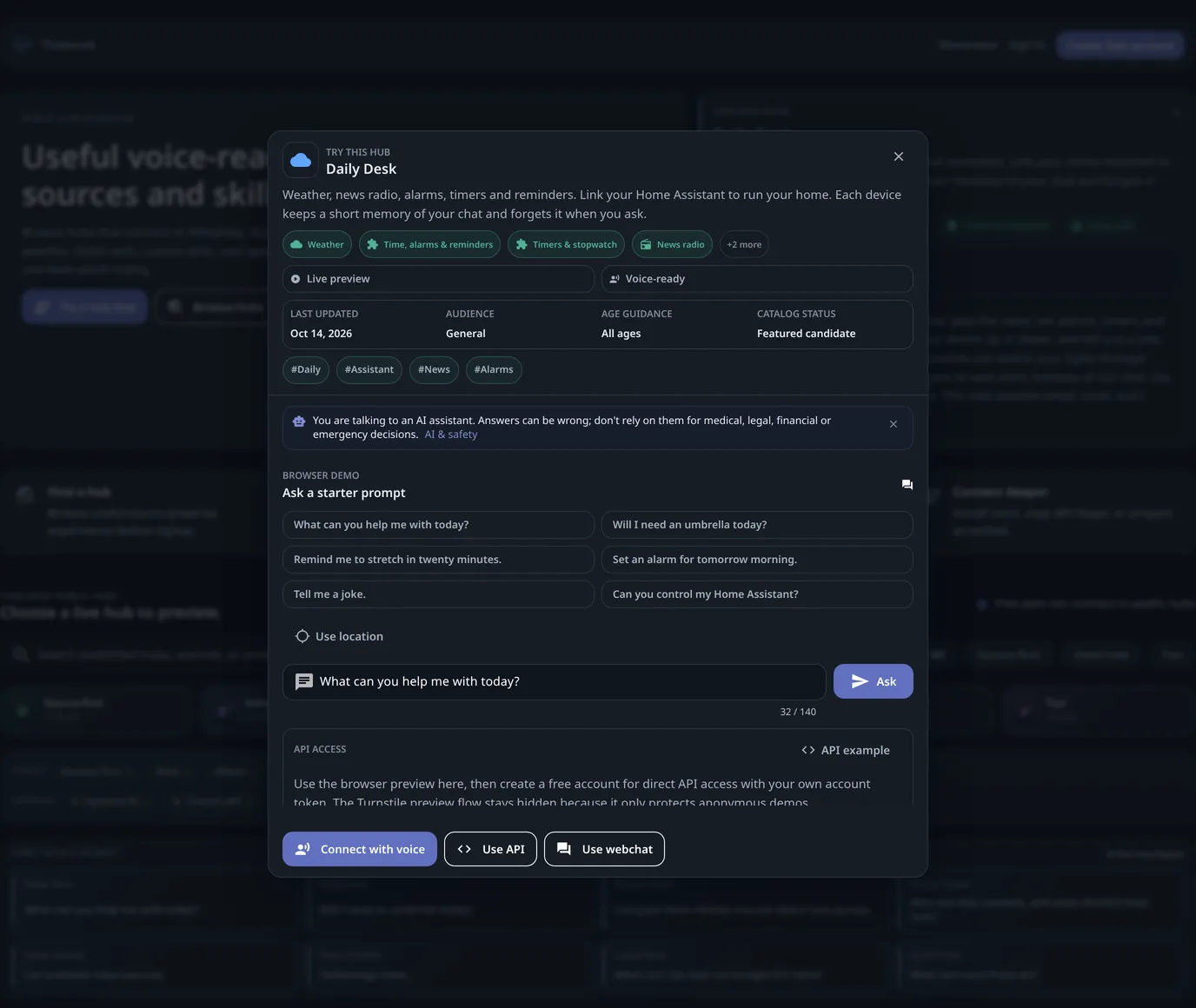 The Try this hub dialog for Daily Desk: what it answers, six starter prompts, an Ask box and the Connect with voice, Use API and Use webchat buttons.