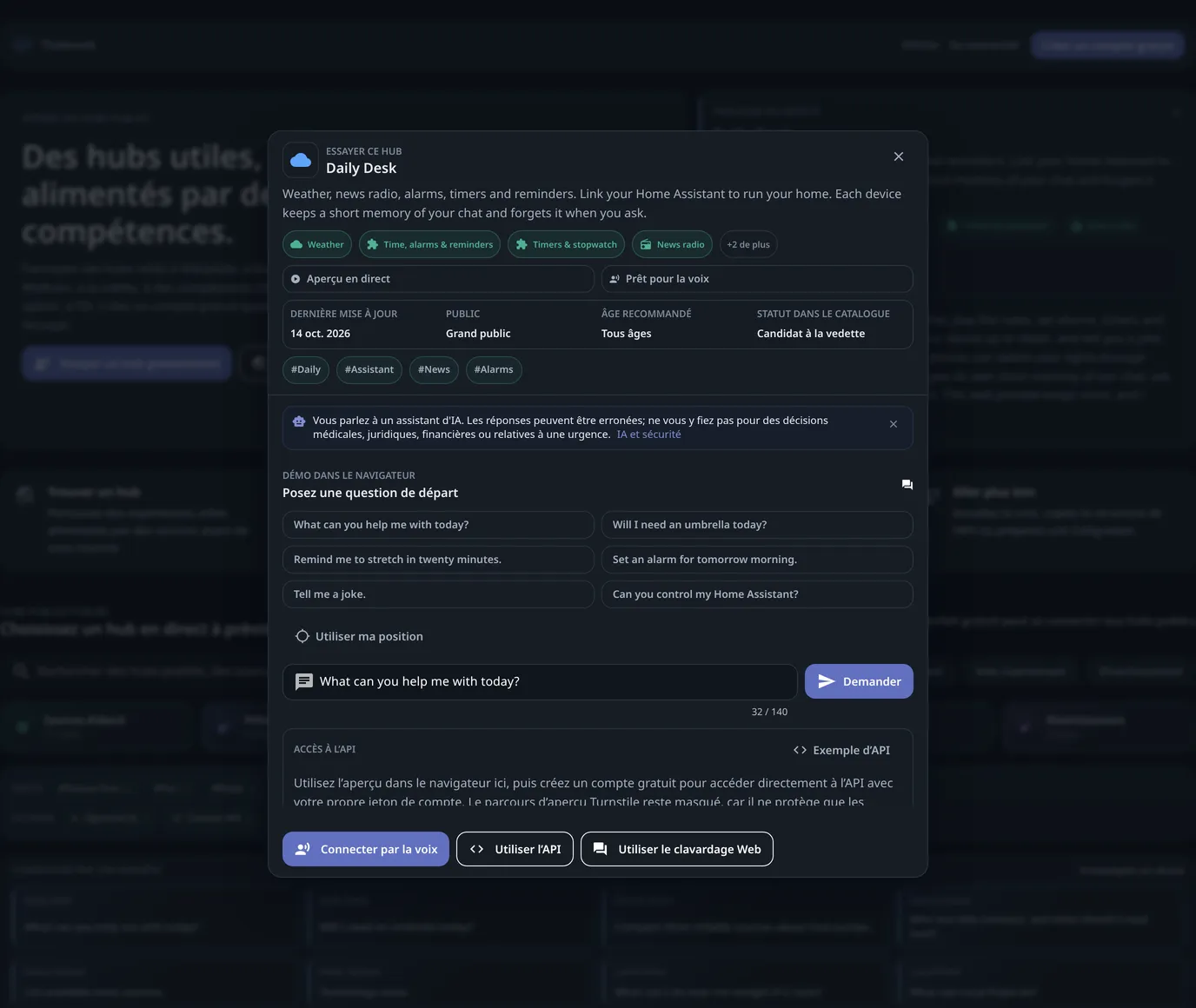 La fenêtre Essayer ce hub de Daily Desk : ce qu’il répond, six questions de départ, une boîte Demander et les boutons Connecter par la voix, Utiliser l’API et Utiliser le clavardage Web.