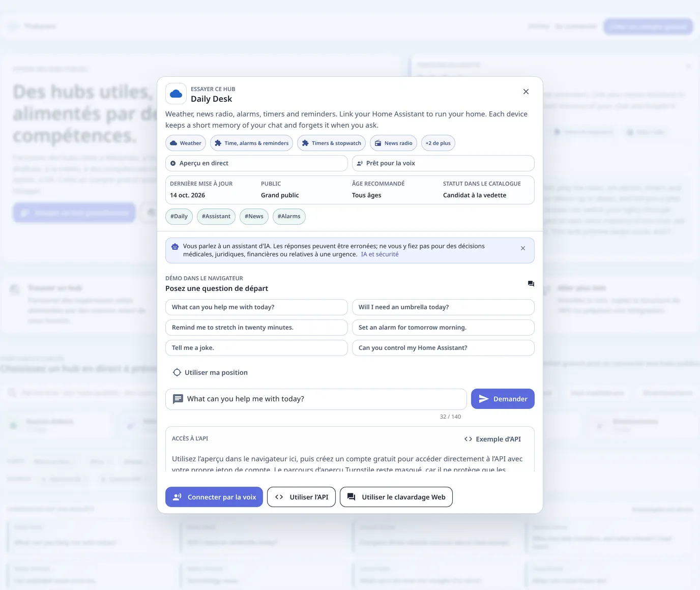 La fenêtre Essayer ce hub de Daily Desk : ce qu’il répond, six questions de départ, une boîte Demander et les boutons Connecter par la voix, Utiliser l’API et Utiliser le clavardage Web.