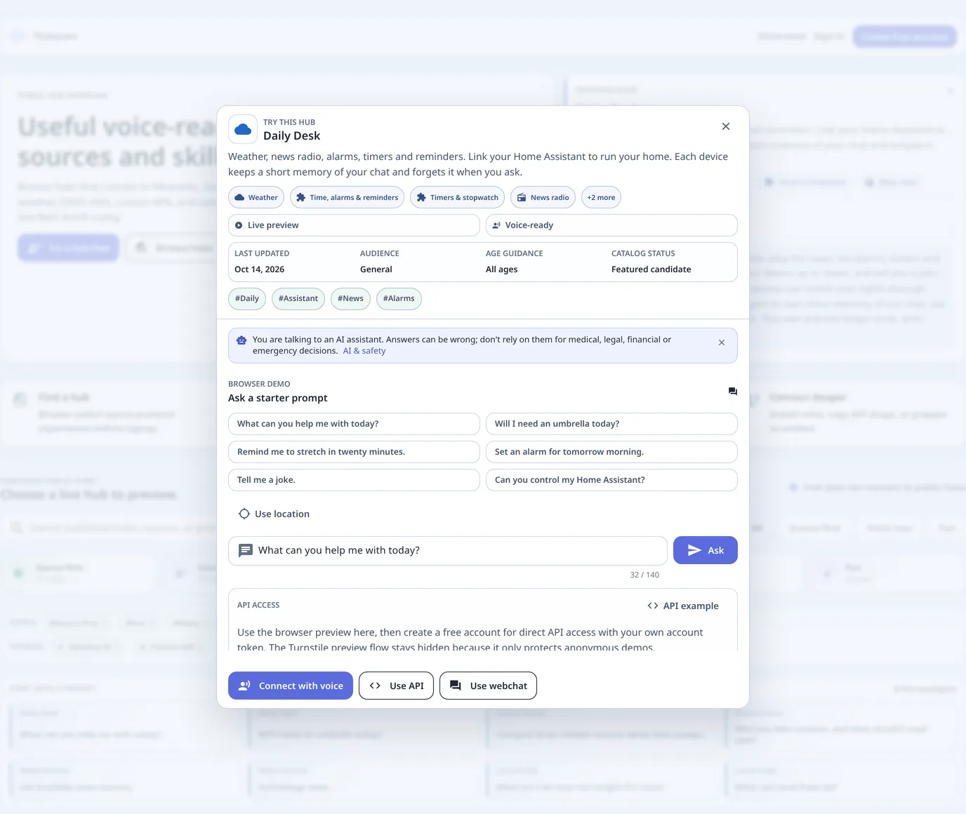 The Try this hub dialog for Daily Desk: what it answers, six starter prompts, an Ask box and the Connect with voice, Use API and Use webchat buttons.