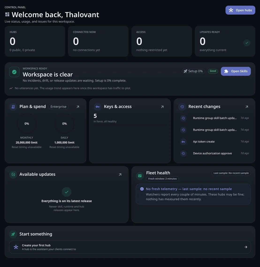 The workspace dashboard: Welcome back, four status tiles, a Workspace is clear card, then Plan and spend, Keys and access, Recent changes, Available updates and Fleet health.