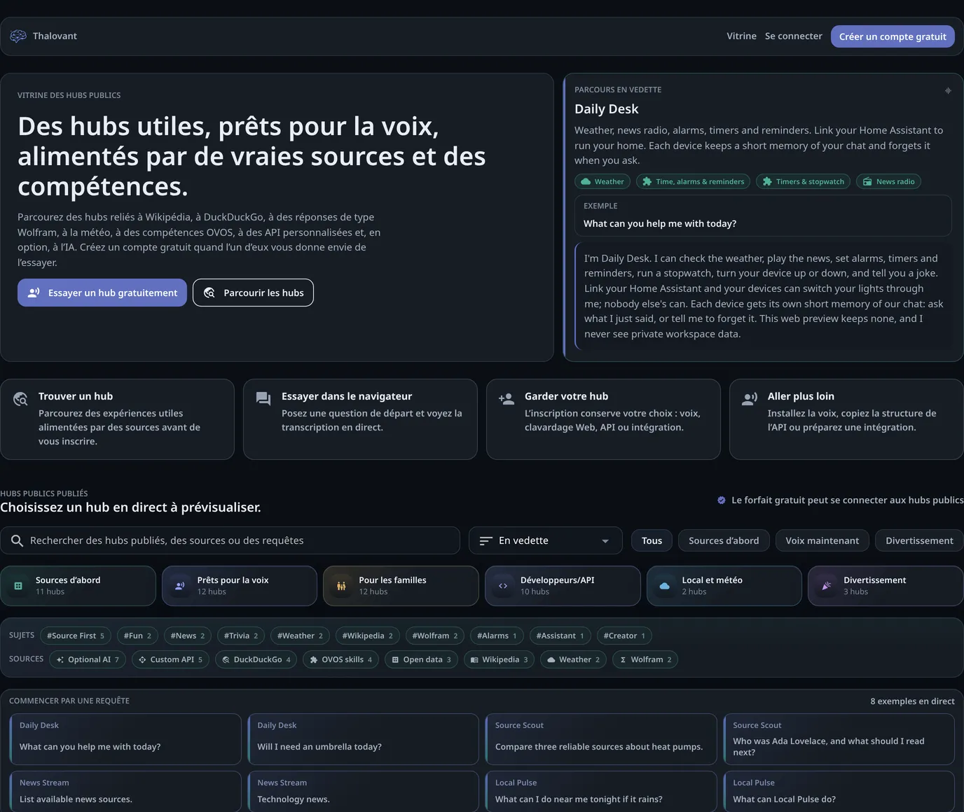La page publique Explore : un exemple d’échange avec Daily Desk, quatre portes d’entrée, des filtres, des questions de départ et les hubs publiés.