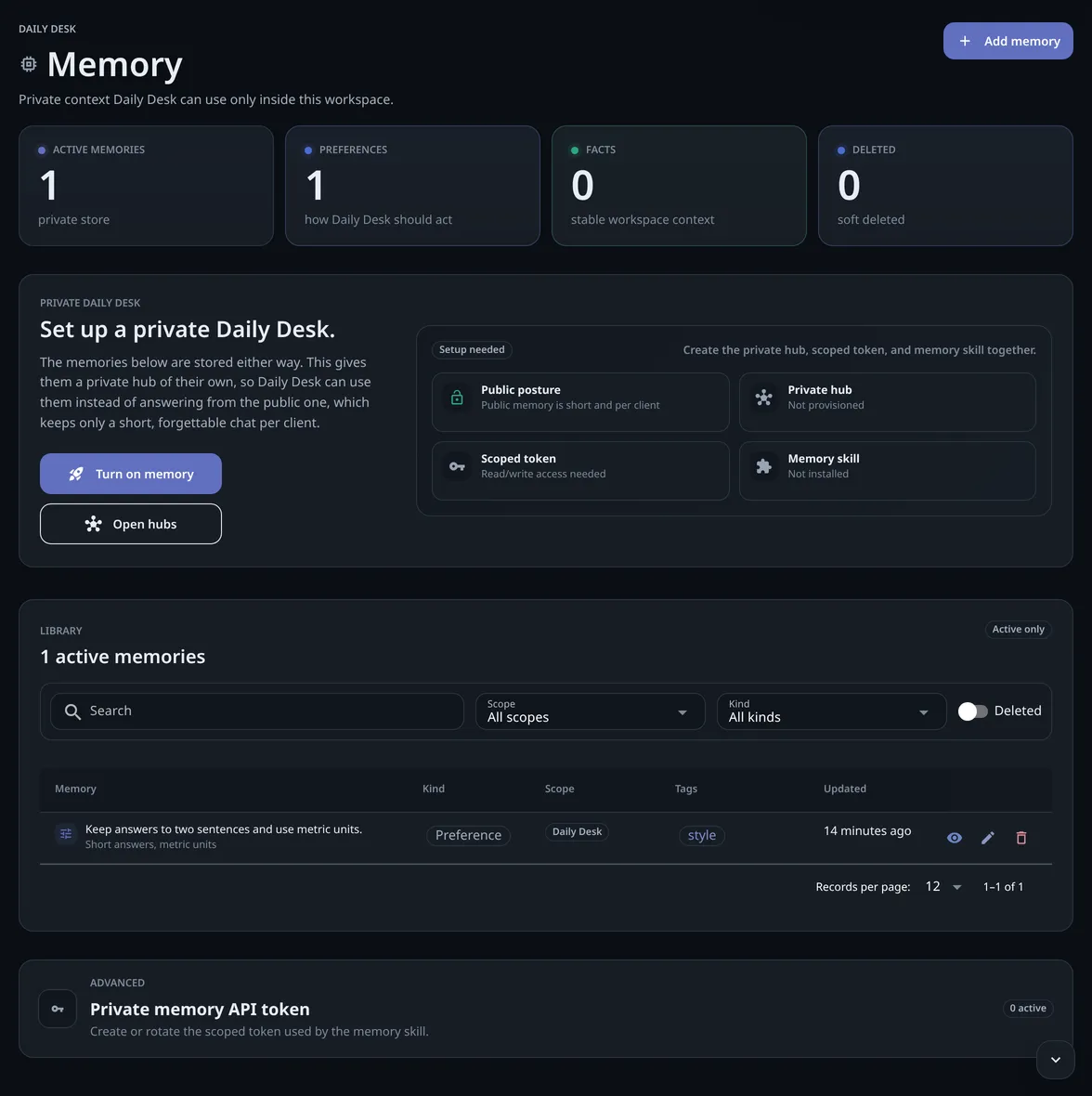 The Memory page with one remembered preference in its library, the counters above it and the Set up a private Daily Desk card with Turn on memory.