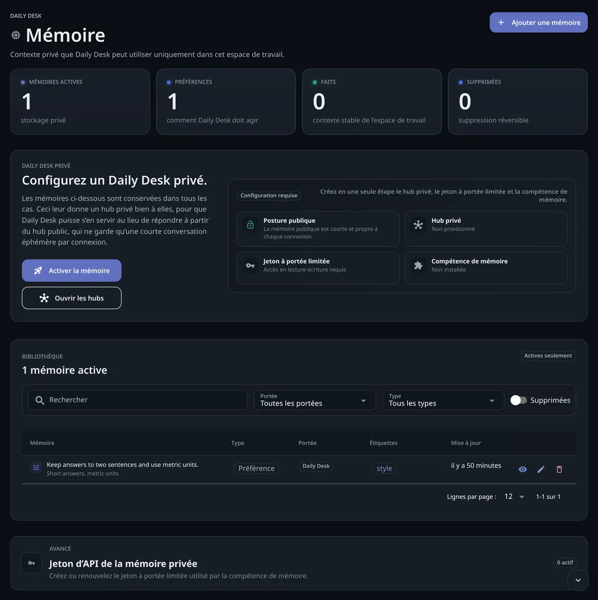 La page Mémoire avec une préférence mémorisée dans sa bibliothèque, les compteurs au-dessus et la carte du Daily Desk privé avec le bouton Activer la mémoire.