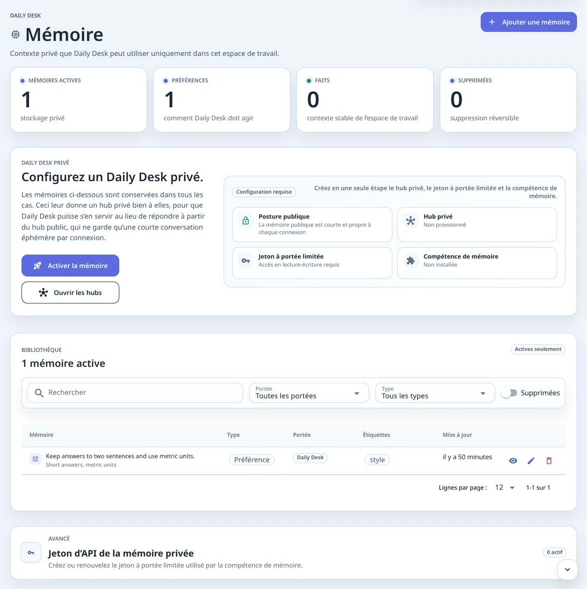 La page Mémoire avec une préférence mémorisée dans sa bibliothèque, les compteurs au-dessus et la carte du Daily Desk privé avec le bouton Activer la mémoire.