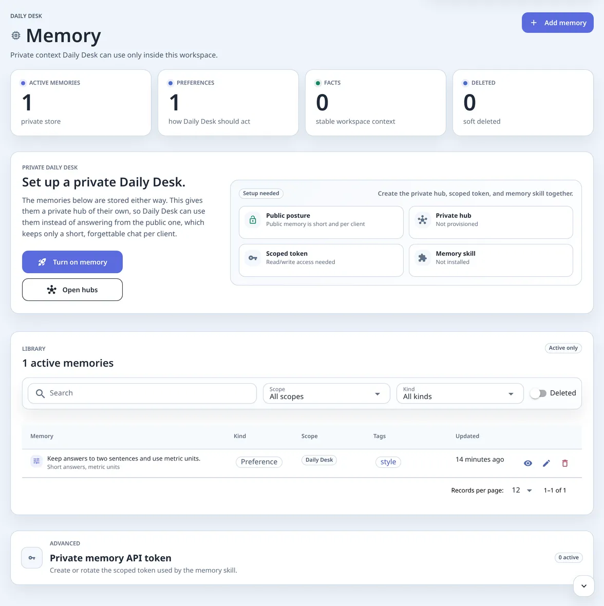 The Memory page with one remembered preference in its library, the counters above it and the Set up a private Daily Desk card with Turn on memory.