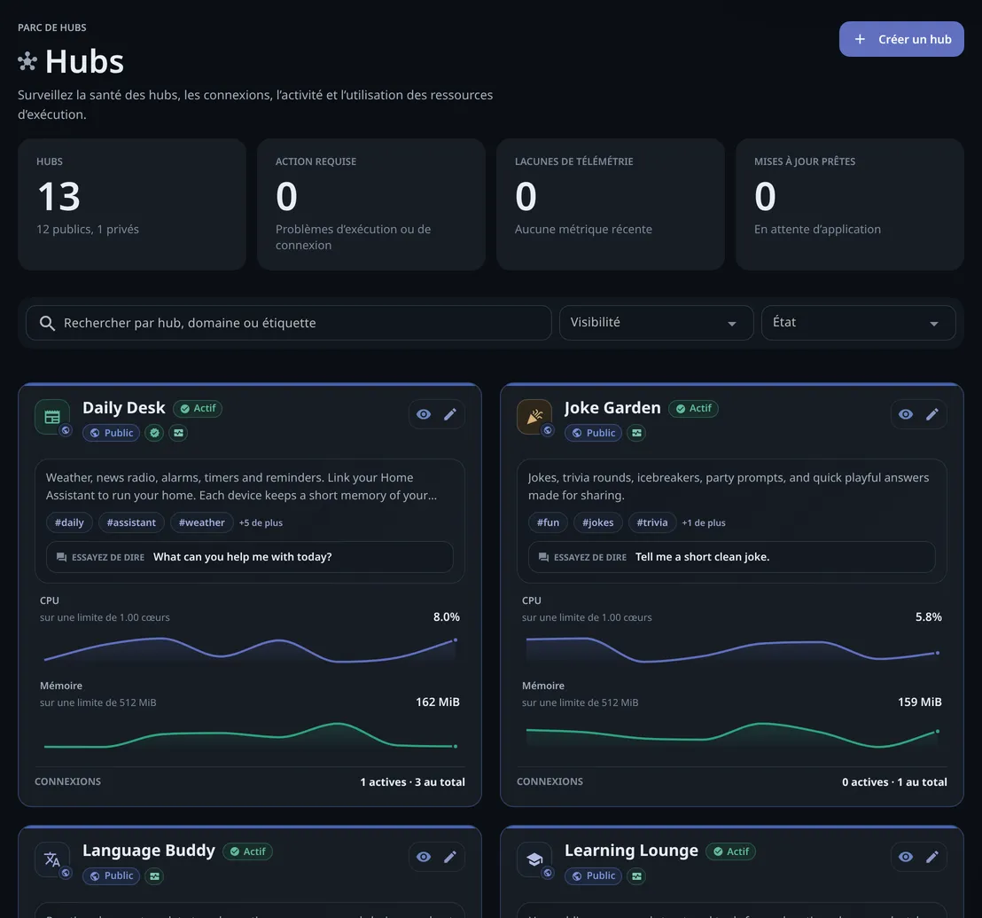 La page Hubs : 13 hubs avec leur état, leurs étiquettes, une phrase Essayez de dire et leurs clients connectés, avec Créer un hub en haut à droite.
