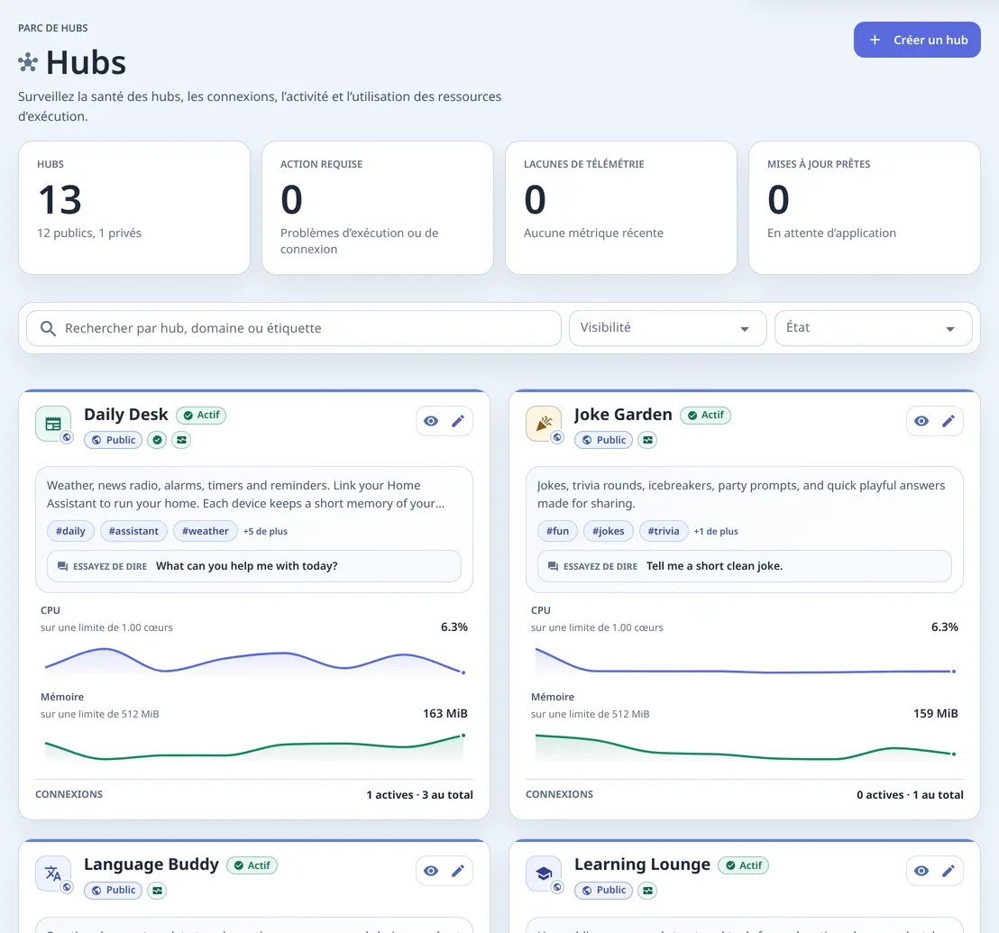 La page Hubs : 13 hubs avec leur état, leurs étiquettes, une phrase Essayez de dire et leurs clients connectés, avec Créer un hub en haut à droite.