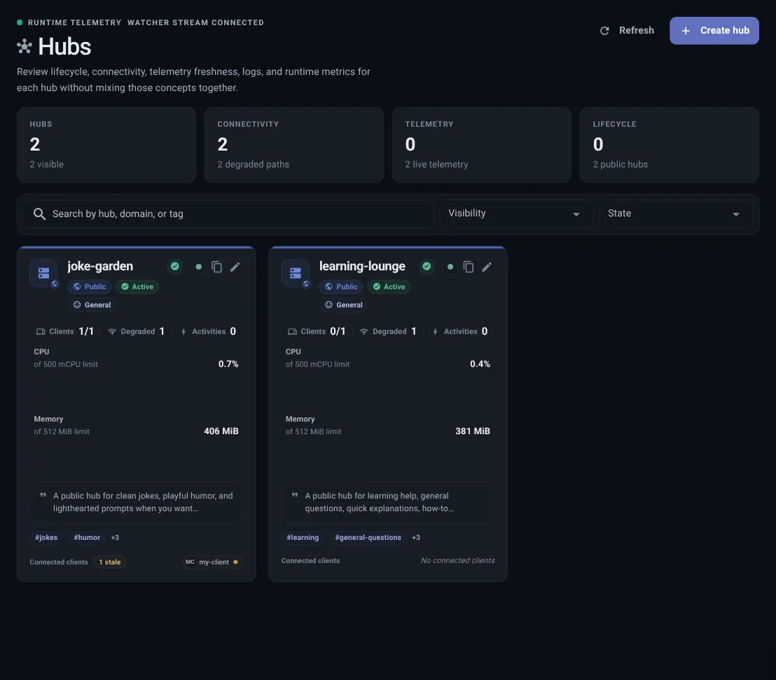 Hub creation and detail view showing hub cards, status, address, skills, clients, permissions, and health.
