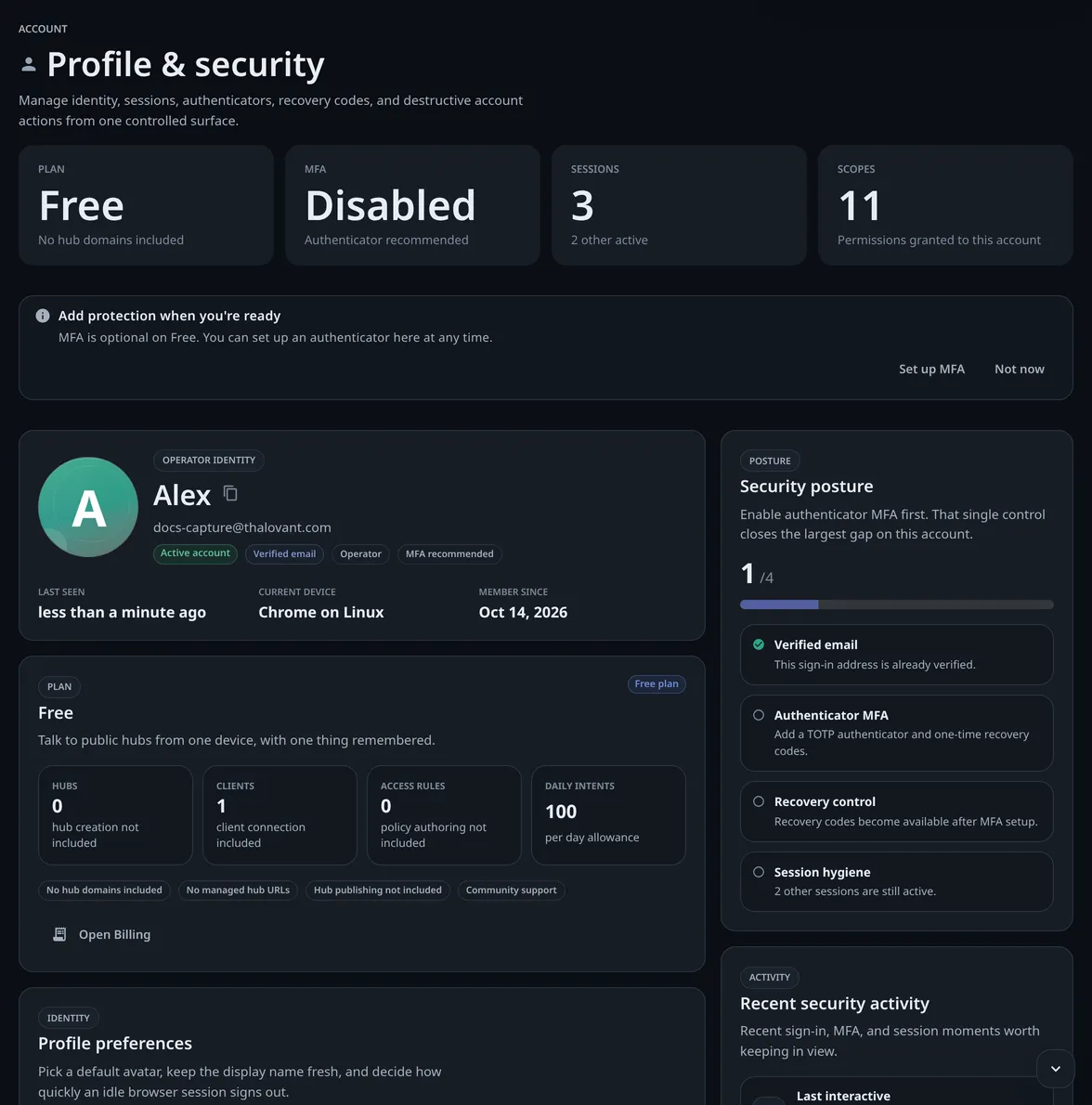 Profile and security: Plan, MFA, Sessions and Scopes tiles, a Set up MFA prompt, the account card and a Security posture list with what is done and what is still open.