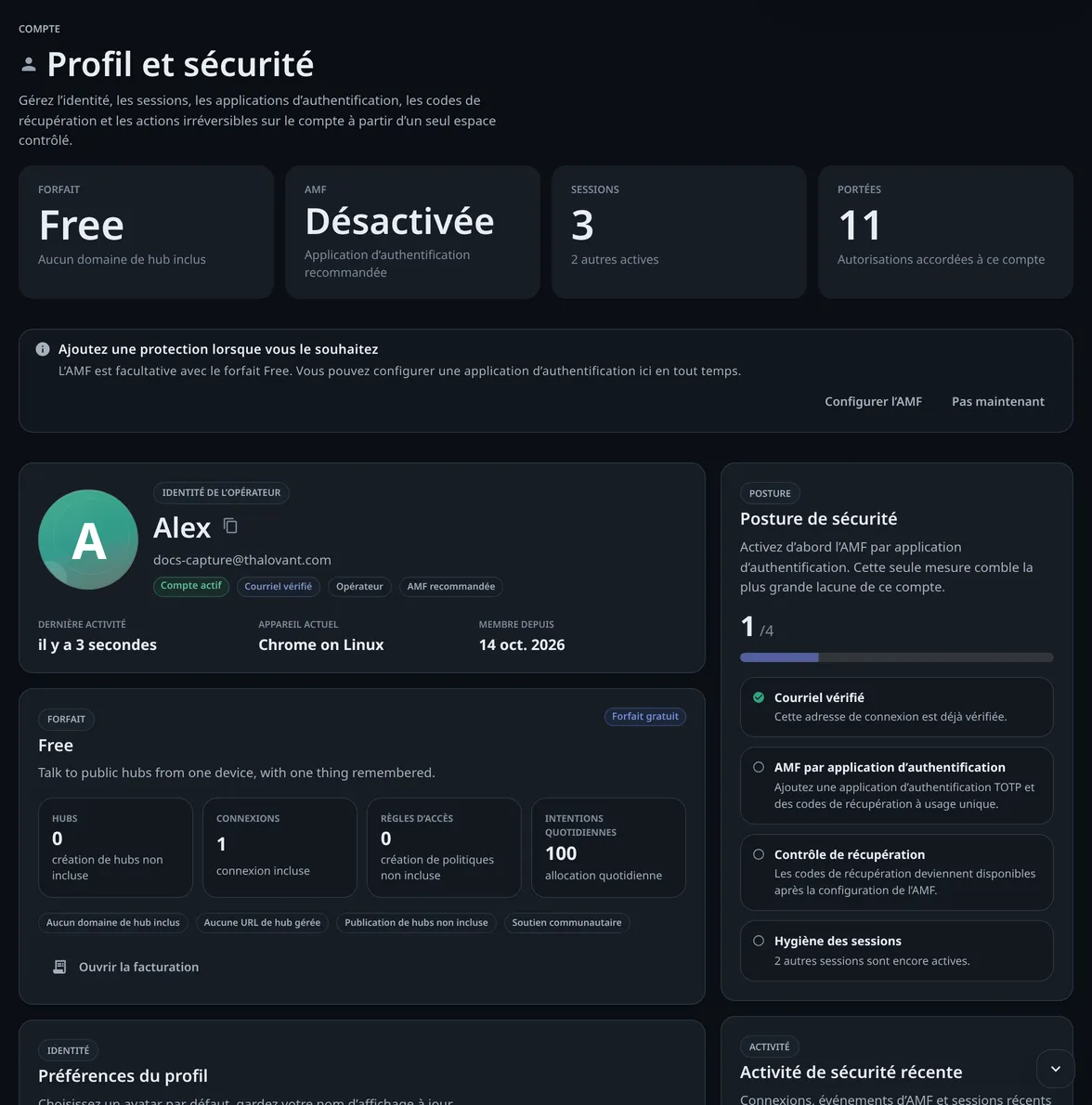Profil et sécurité : les tuiles d’état du compte, une invitation Configurer l’AMF, la carte du compte et une liste Posture de sécurité avec ce qui est fait et ce qui reste à faire.