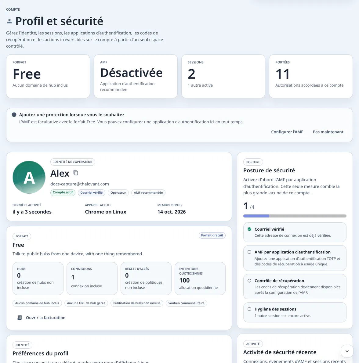 Profil et sécurité : les tuiles d’état du compte, une invitation Configurer l’AMF, la carte du compte et une liste Posture de sécurité avec ce qui est fait et ce qui reste à faire.