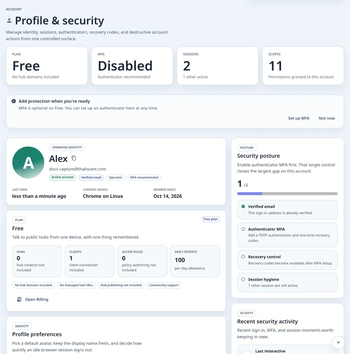 Profile and security: Plan, MFA, Sessions and Scopes tiles, a Set up MFA prompt, the account card and a Security posture list with what is done and what is still open.