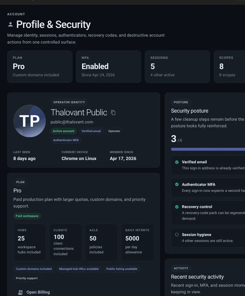 Profile page showing name, two-step sign-in, recovery codes, active browsers, and plan summary.
