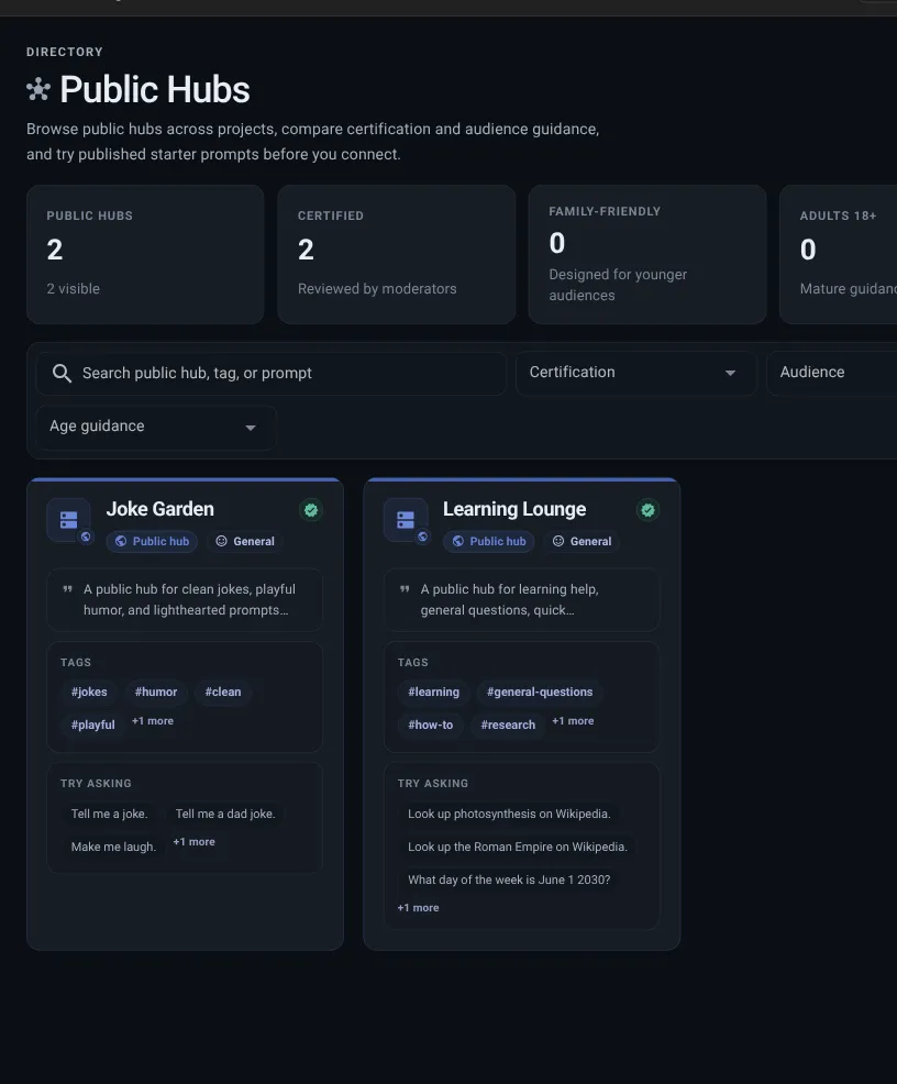 Public hubs screen showing filters, quality labels, audience guidance, starter prompts, and the client path.