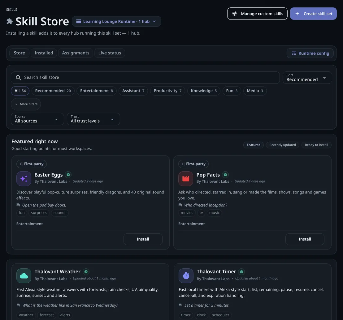 The Skills page of the Learning Lounge Runtime skill set: Store, Installed, Assignments and Live status tabs, a Runtime config button, filters and featured skills with Install buttons.