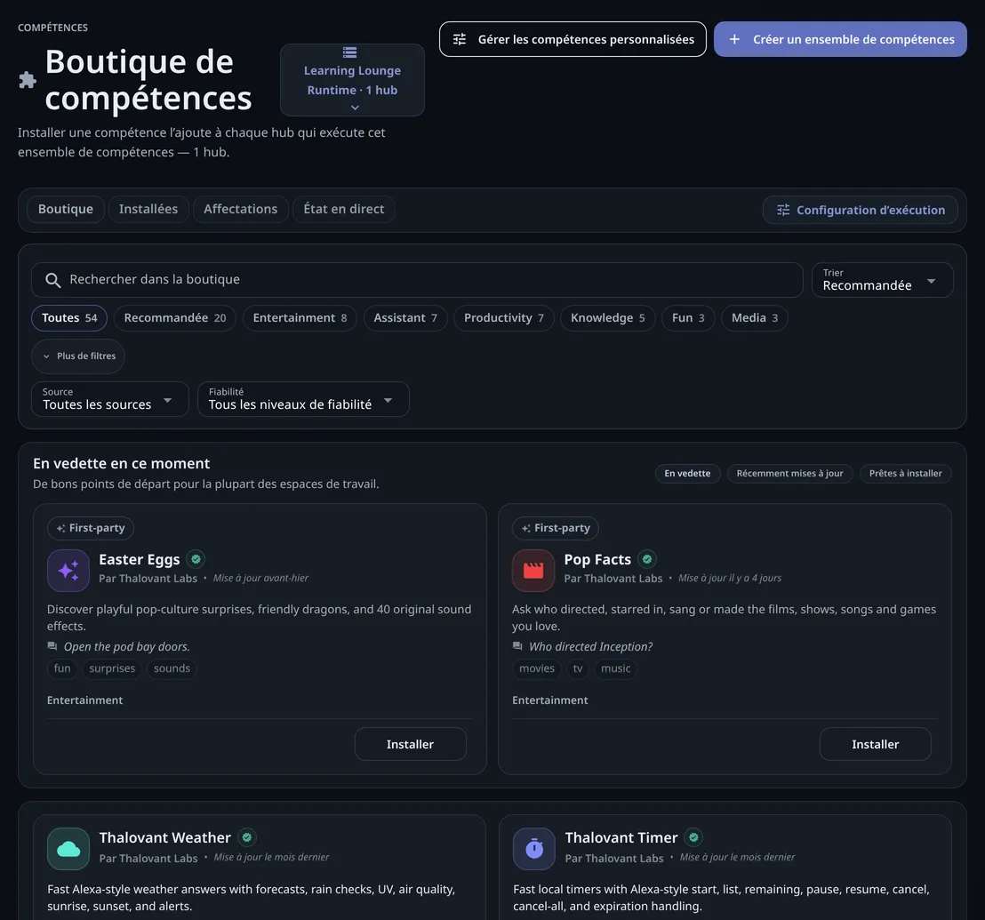 La Boutique de compétences de l’ensemble Learning Lounge Runtime : les onglets Boutique, Installées, Affectations et État en direct, un bouton Configuration d’exécution et des compétences en vedette.