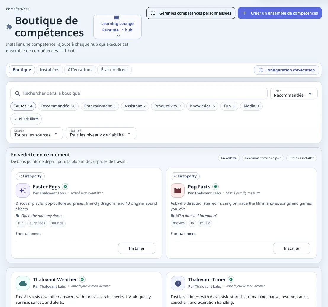 La Boutique de compétences de l’ensemble Learning Lounge Runtime : les onglets Boutique, Installées, Affectations et État en direct, un bouton Configuration d’exécution et des compétences en vedette.
