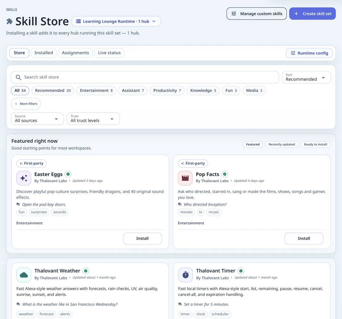 The Skills page of the Learning Lounge Runtime skill set: Store, Installed, Assignments and Live status tabs, a Runtime config button, filters and featured skills with Install buttons.