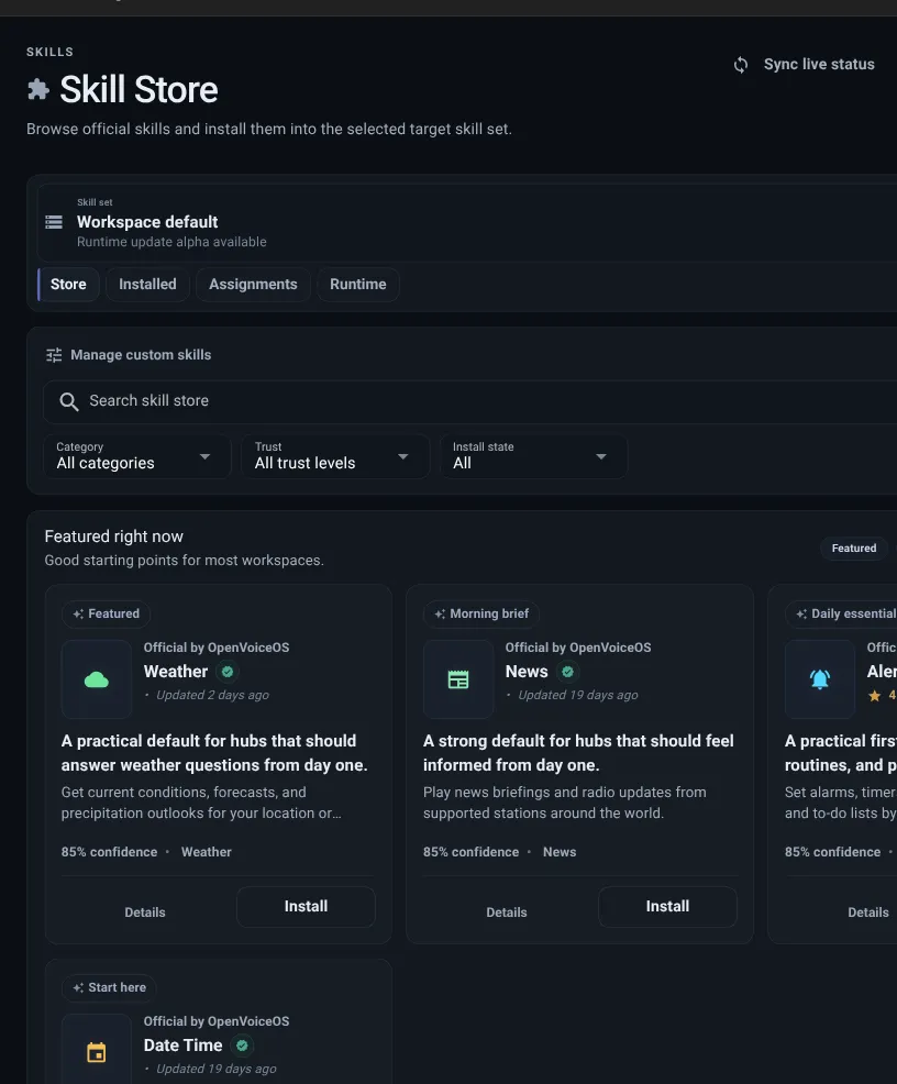 Runtime and skills screen showing shared defaults, blocked skills, summary, and save controls for a skill set.